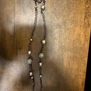 Pearl and Crystal Station Long Necklace - Silver-Tone